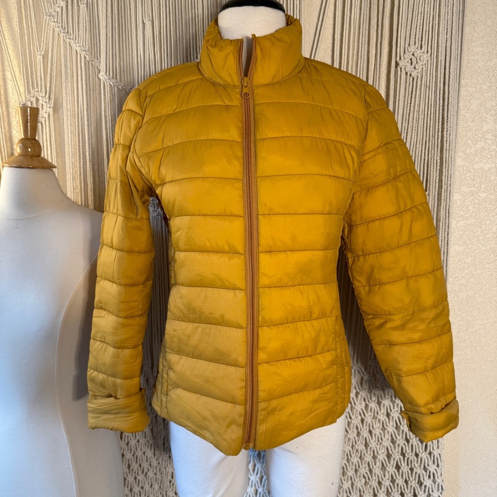 Love Tree Yellow Quilted Puffer Jacket with Stand-Up Collar